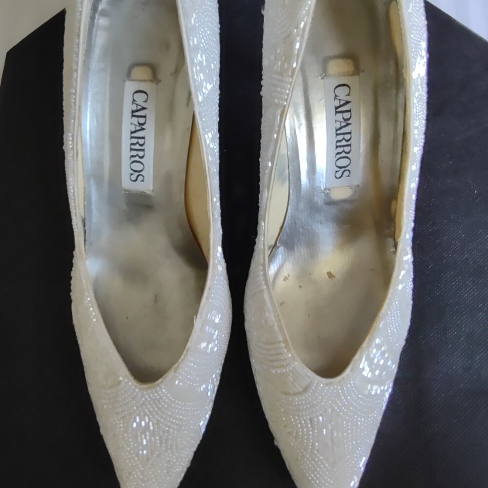 Vintage Ivory Silk Beaded Dress Hi-Heels Caparros Sz 8.5B